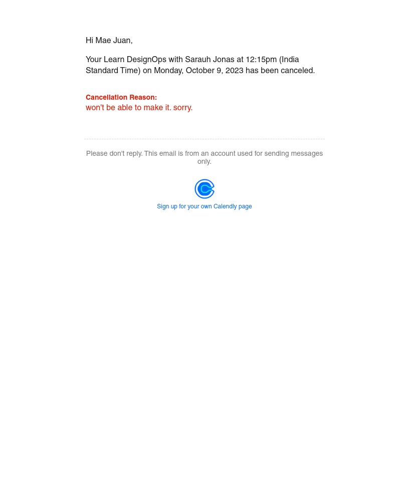 Calendly - Canceled: Learn DesignOps with Sarauh Jonas on Monday, October 9, 2023