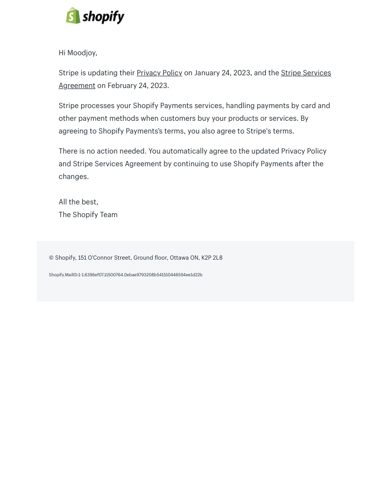 Shopify - Changes to Shopify Payments's service processor's terms