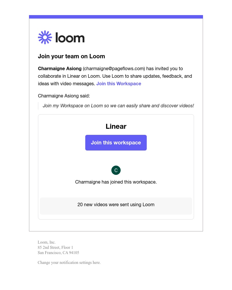 Linear - 👋 Charmaigne Asiong has invited you to join your team on Loom