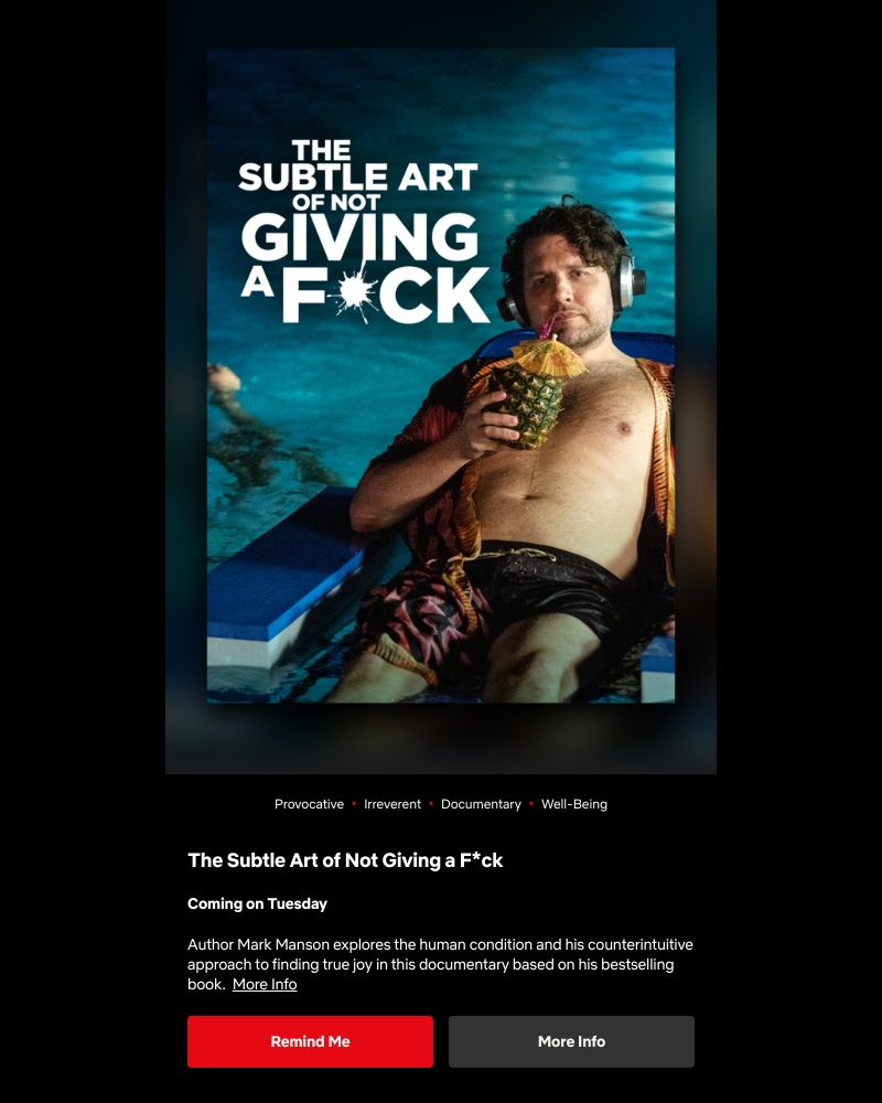 Netflix - Coming on Tuesday, 9th May... The Subtle Art of Not Giving a F*ck