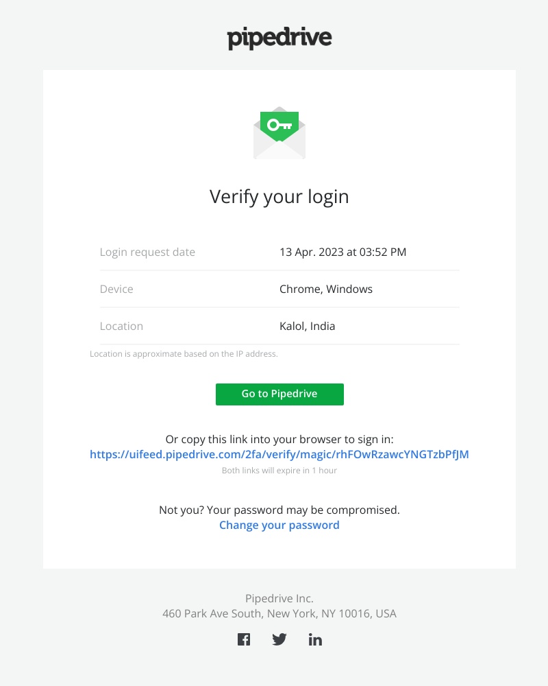 Pipedrive - Confirm your Pipedrive login from Chrome, Windows
