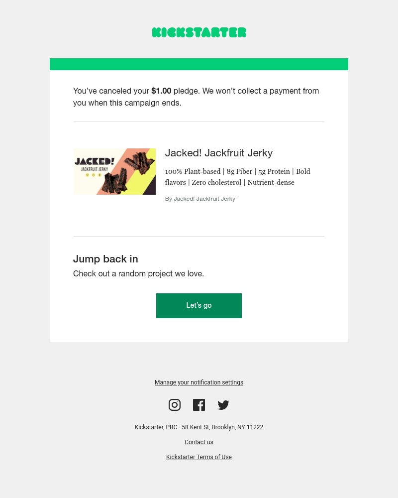Kickstarter - Confirmed: You’ve canceled your pledge for Jacked! Jackfruit Jerky