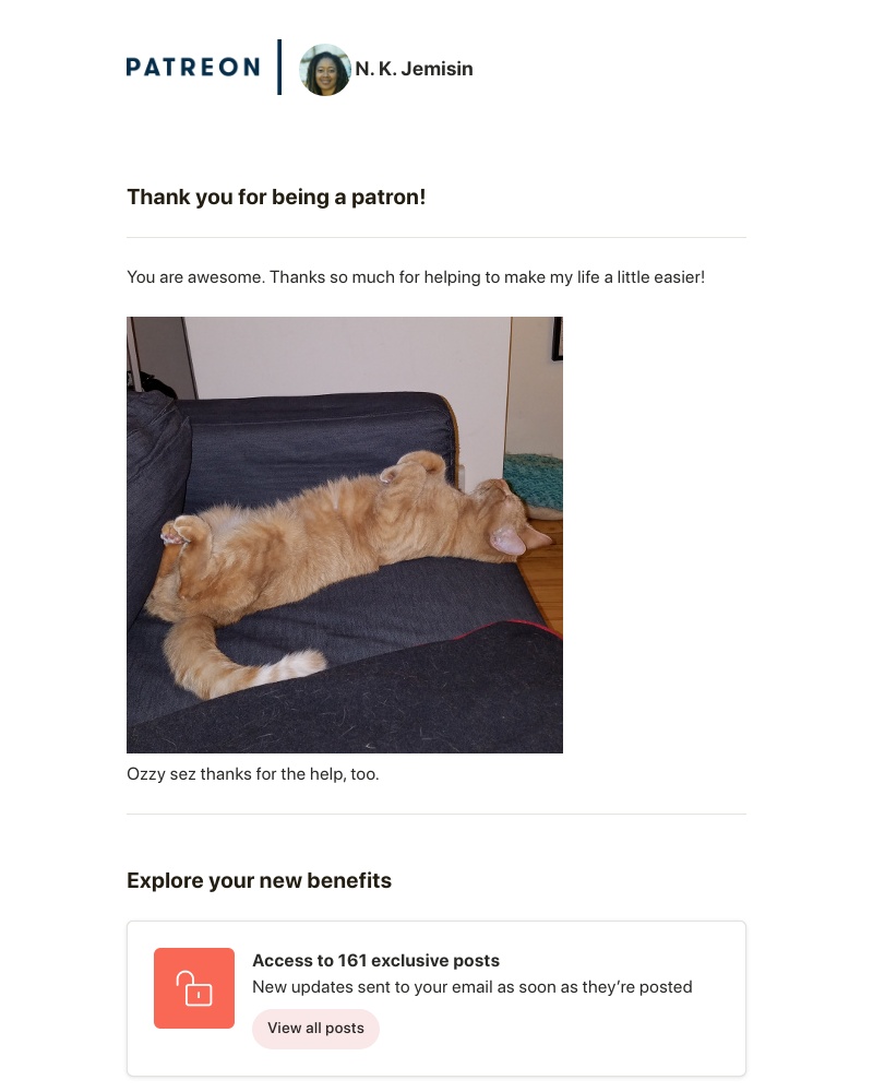 Patreon - Congrats, you're now a patron of N. K. Jemisin