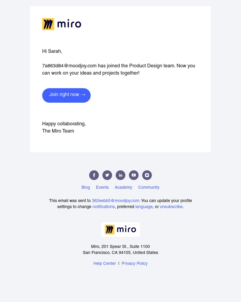 Miro - Congratulations! 7a863d84@moodjoy.com has joined your Team