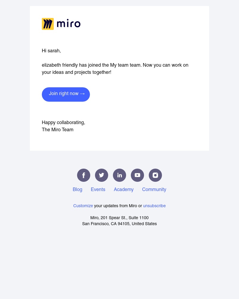 Miro - Congratulations! elizabeth friendly has joined your Team
