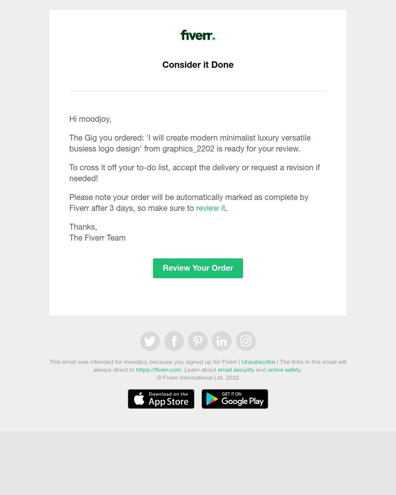 Fiverr - Consider it done: Your order is ready for your review