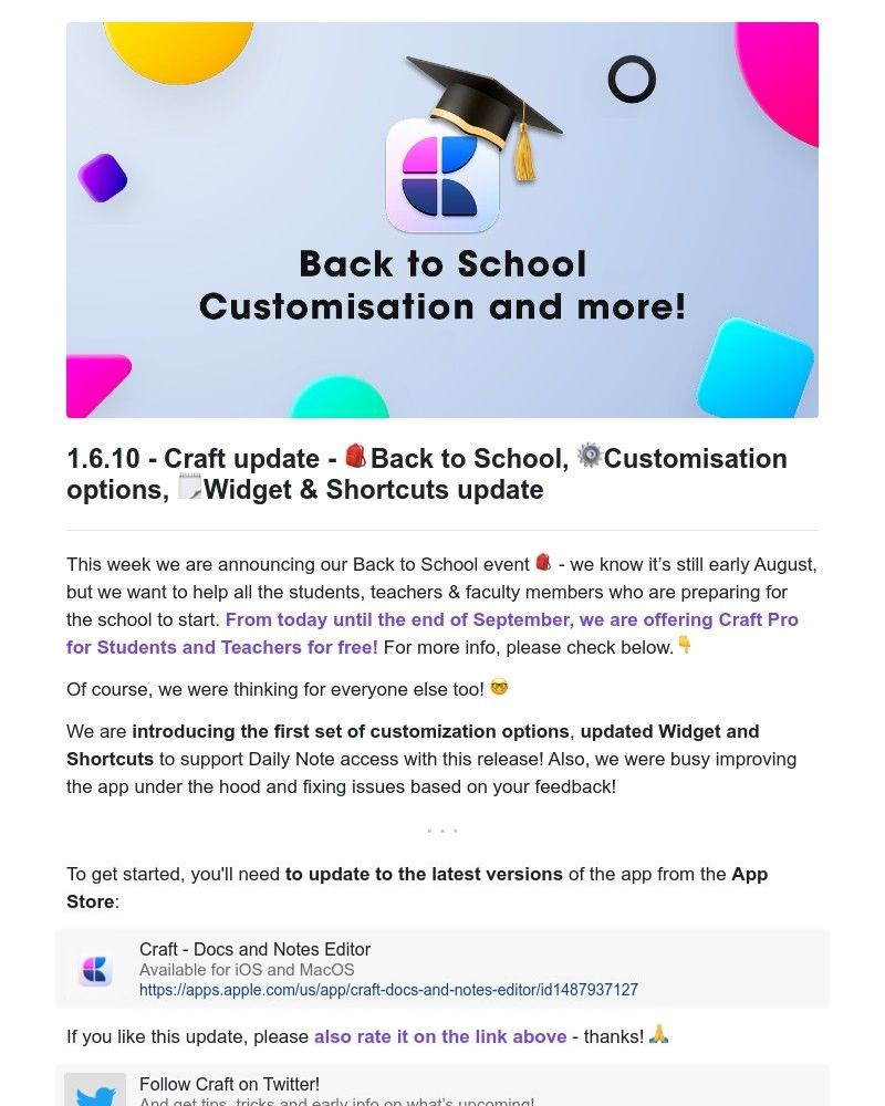 Craft - Craft update - 🎒 Back to School, ⚙️ Customisation options, 🗒️ Widget & Shortcuts update