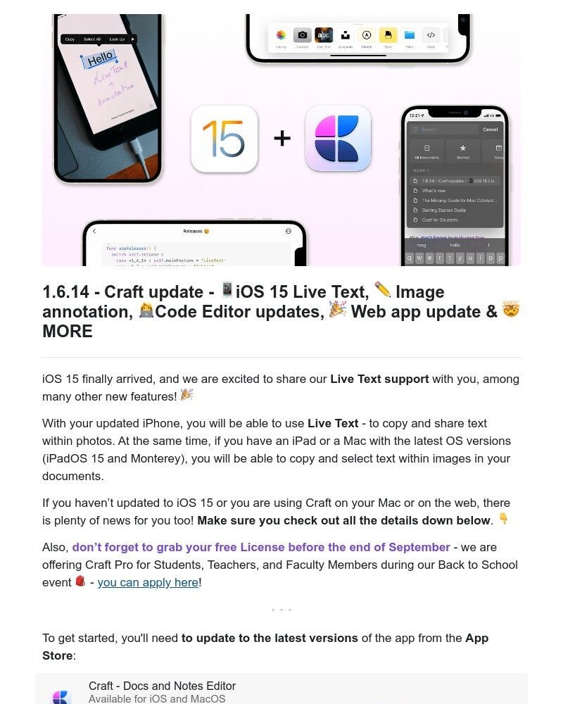 Craft - Craft update - 📱iOS 15 Live Text, ✏️️ Image annotation, 👩💻Code Editor updates, 🎉 Web app update & 🤯 MORE