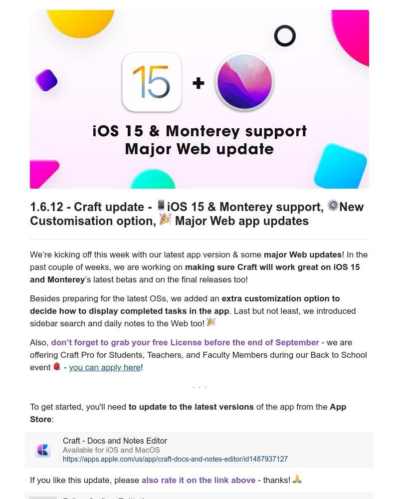 Craft - Craft update - 📱iOS 15 & Monterey support, ⚙️New Customisation option, 🎉 Major Web app updates