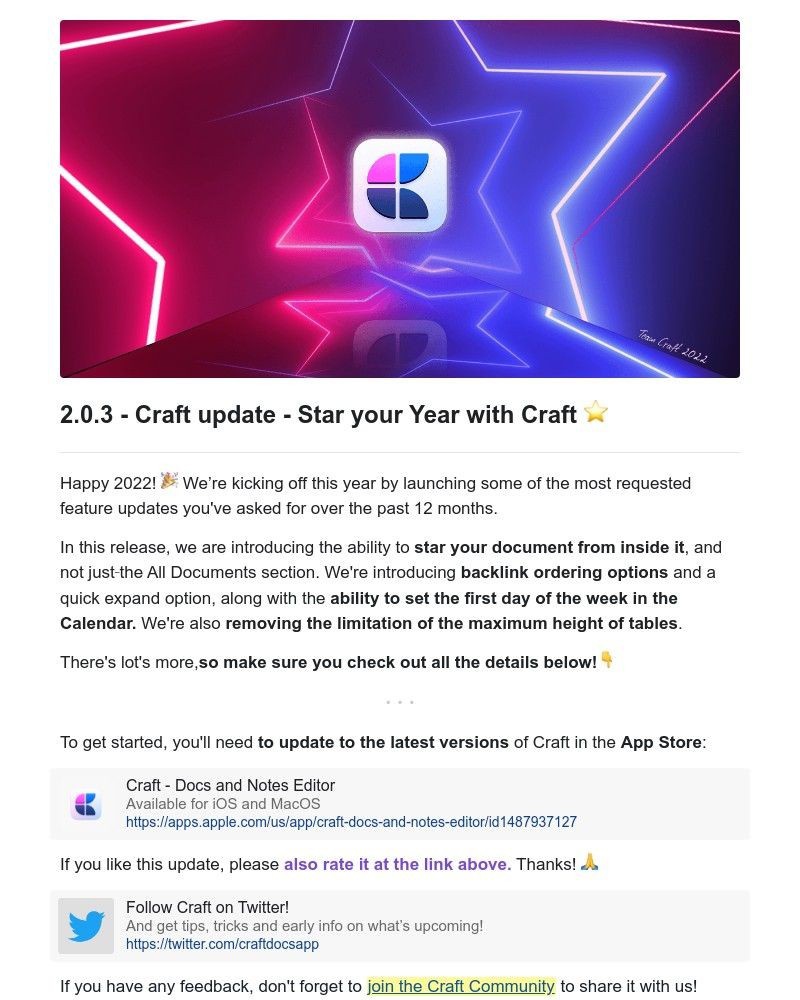 Craft - Craft update - Star your Year with Craft ⭐️