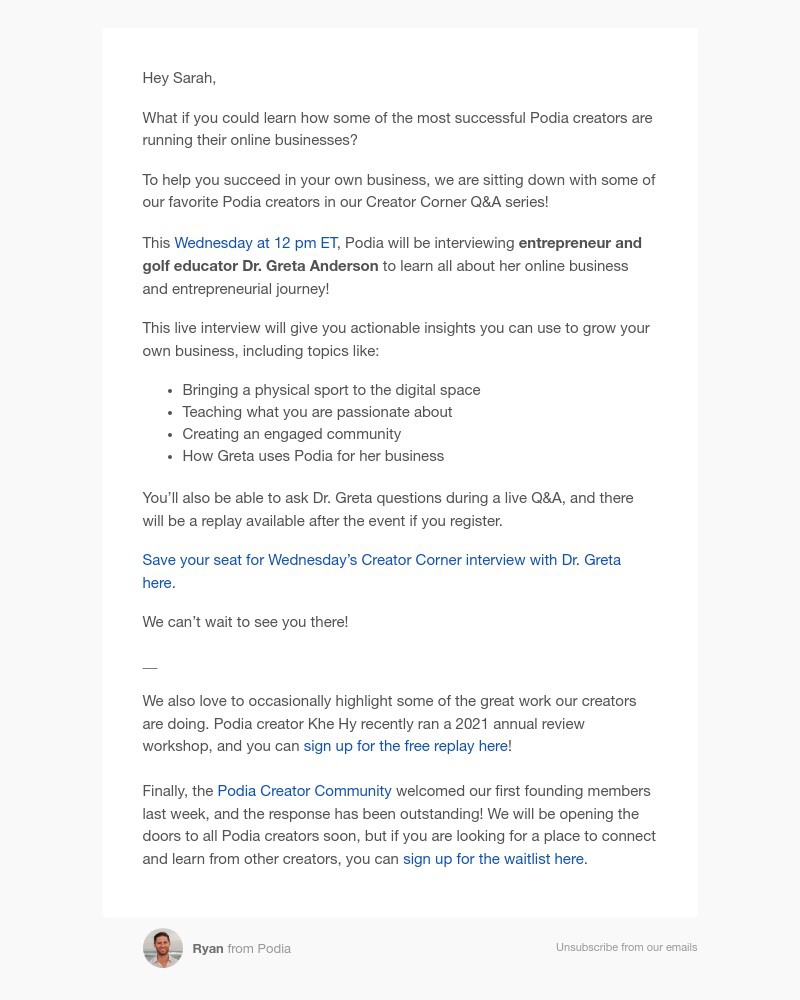 Podia - Creator Corner is back! Learn to grow your own business from Podia creator Dr. Greta Anderson