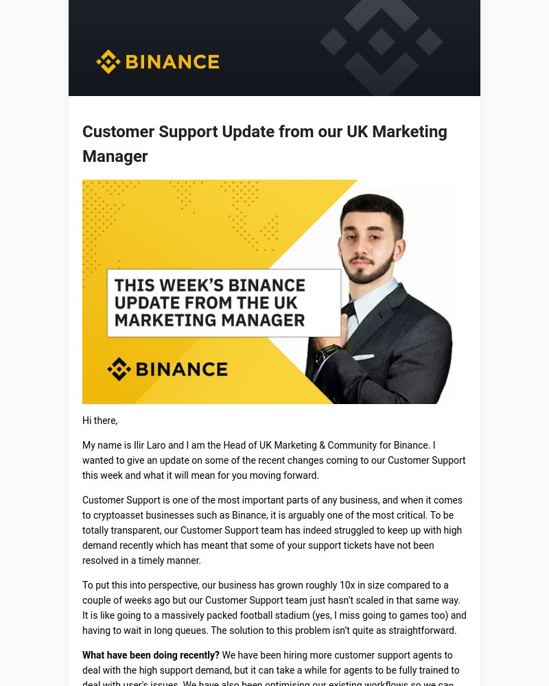 Binance - Customer Support Update from our UK Marketing Manager