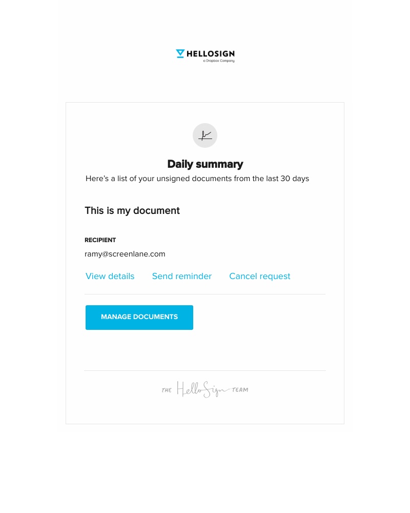 HelloSign - Daily summary: 1 document out for signature