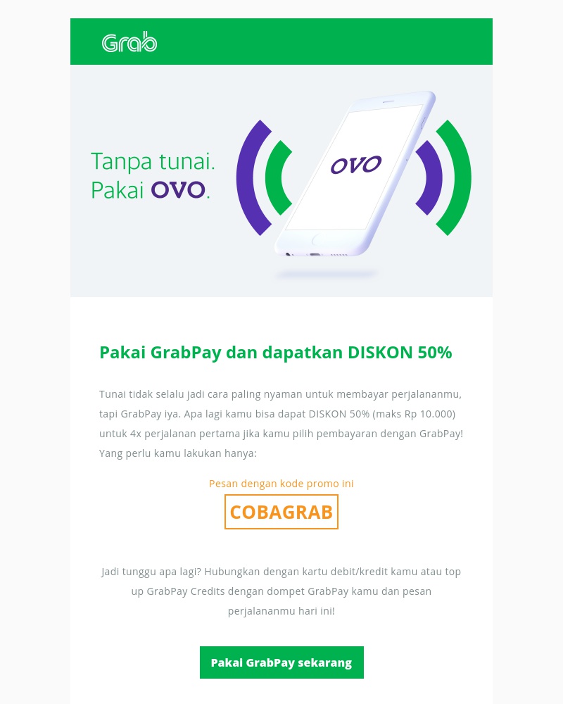 Grab - Dapatkan diskon 50% saat pakai GrabPay untuk bayar perjalananmu!