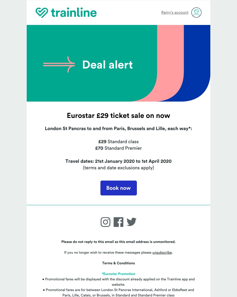 Trainline - Deal Alert: £29 Eurostar ticket sale on now