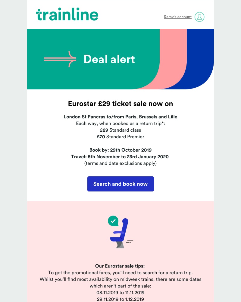 Trainline - Deal alert: New £29 Eurostar ticket sale