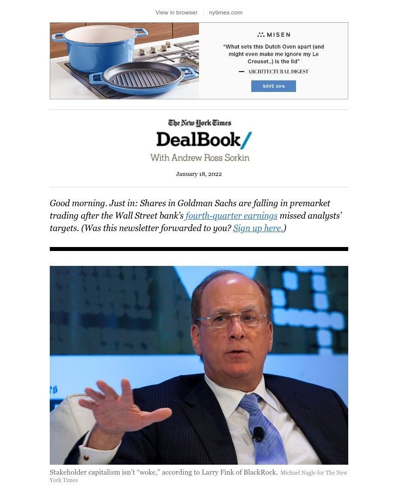 The New York Times - DealBook: Larry Fink says stakeholder capitalism isn’t “woke”
