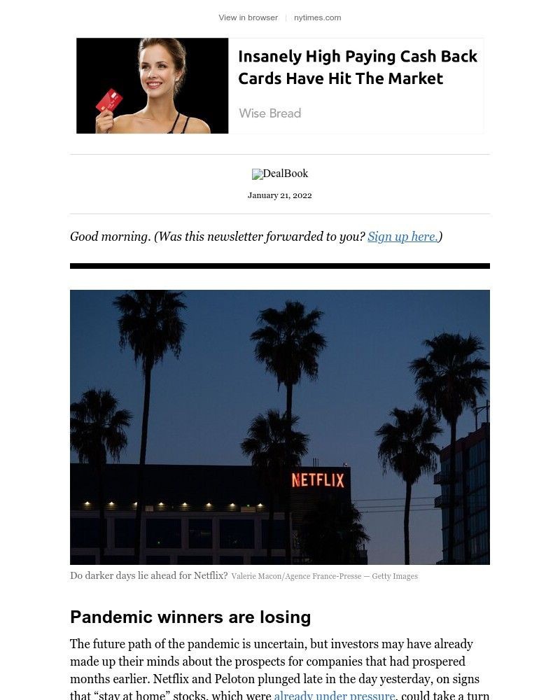 The New York Times - DealBook: Netflix flickers, Peloton skids