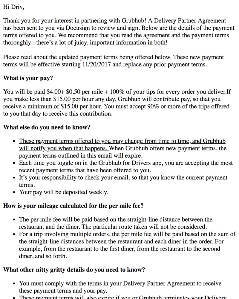 Grubhub - Delivery Partner Pay Rate - Please Review