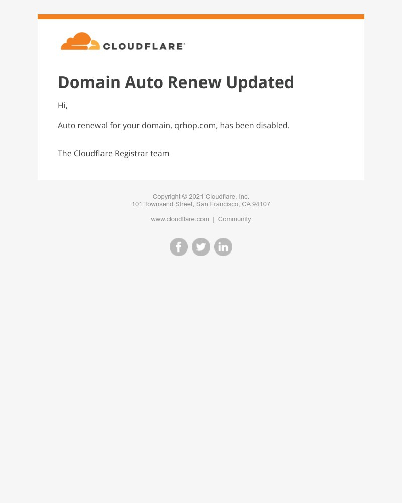 Cloudflare - Domain qrhop.com Auto Renewal Updated