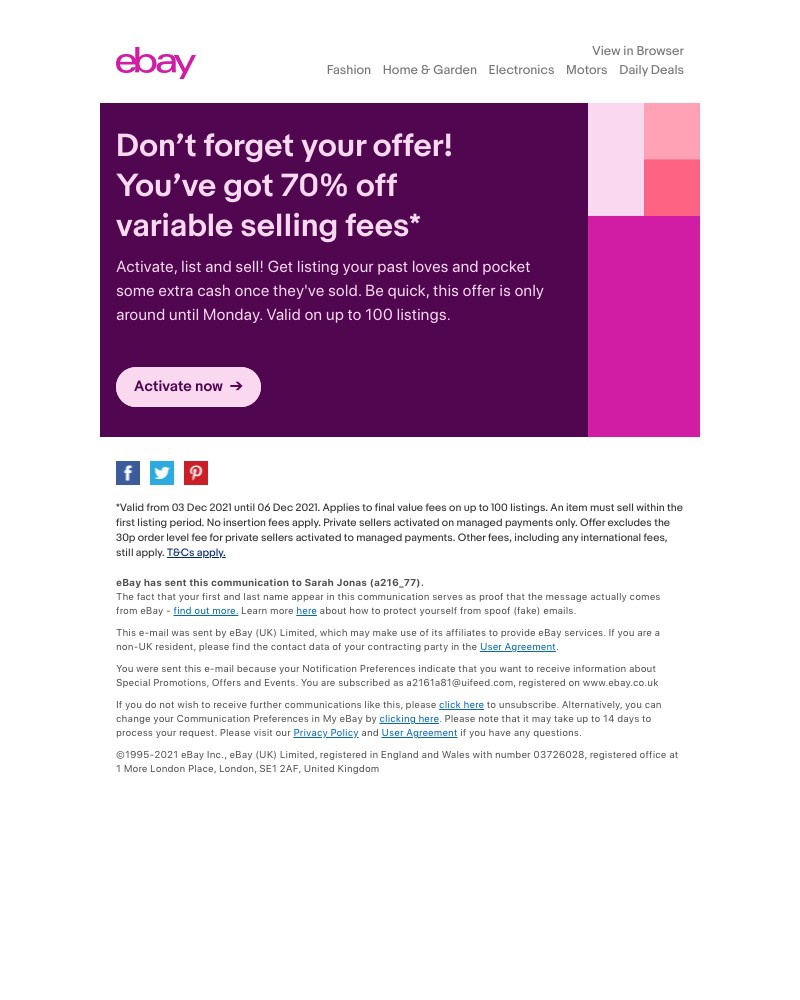 eBay - Don’t forget your offer! 70% off variable selling fees. ⏰🤑