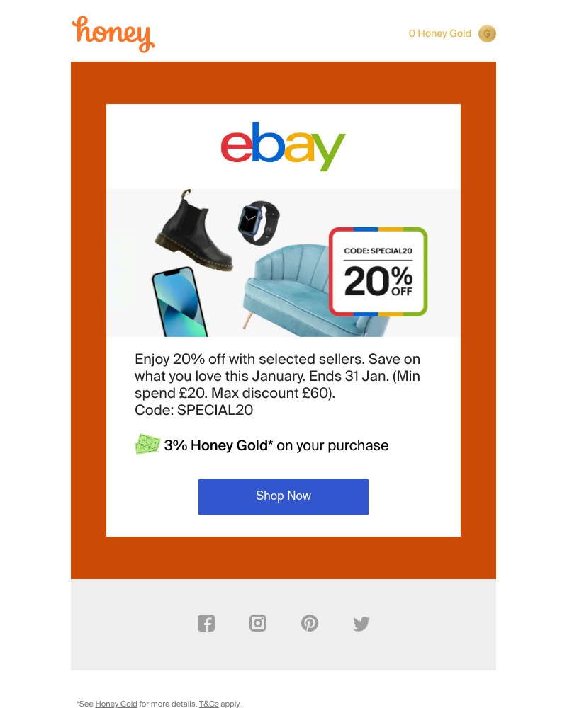 Honey - eBay: Enjoy 20% off with selected sellers.