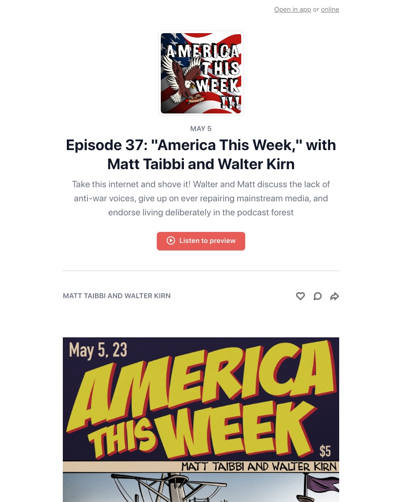 Substack - Episode 37: "America This Week," with Matt Taibbi and Walter Kirn