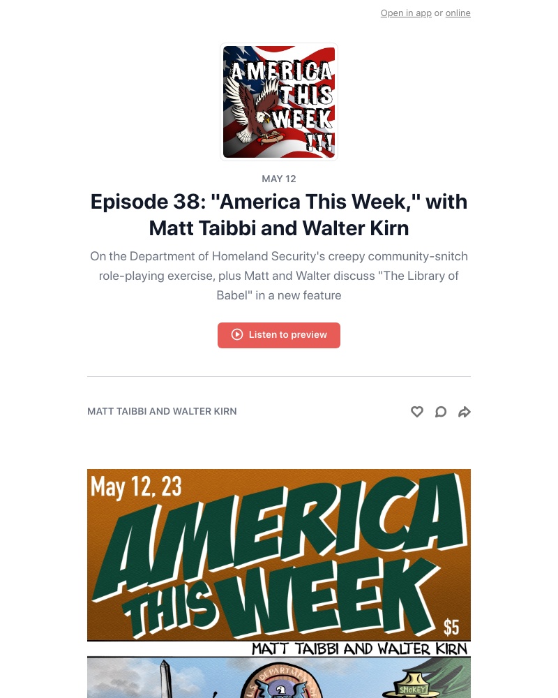Substack - Episode 38: "America This Week," with Matt Taibbi and Walter Kirn