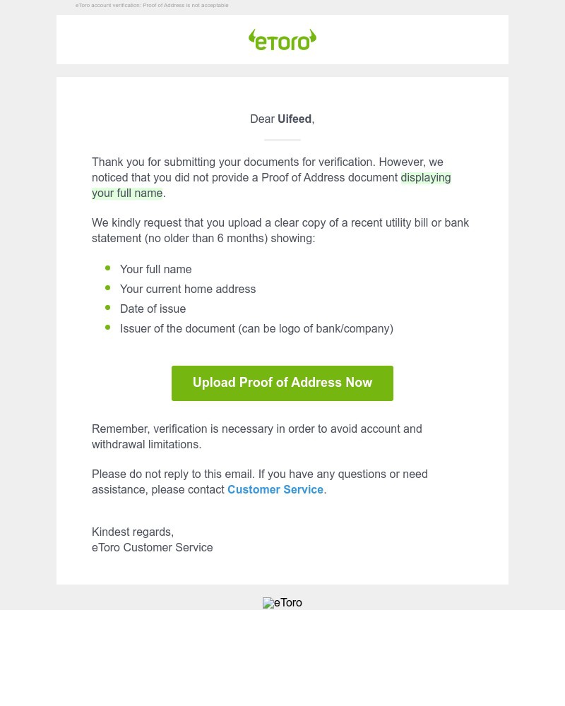 eToro - eToro account verification: Proof of Address is not acceptable