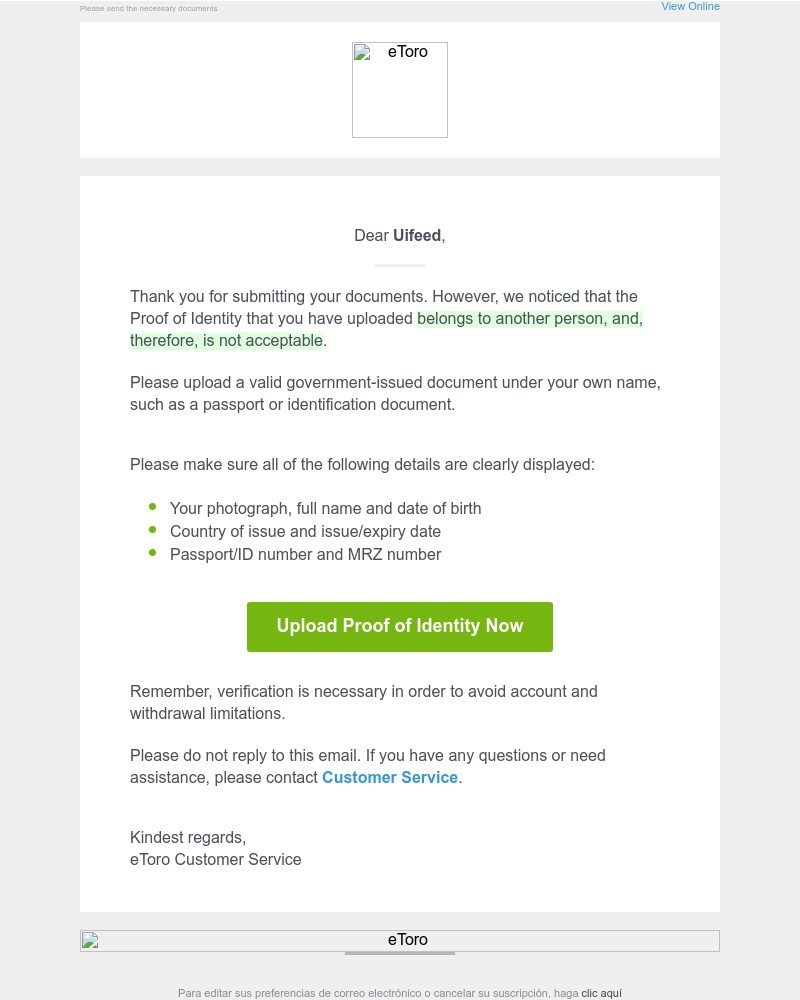 eToro - eToro account verification: Proof of Identity is not acceptable