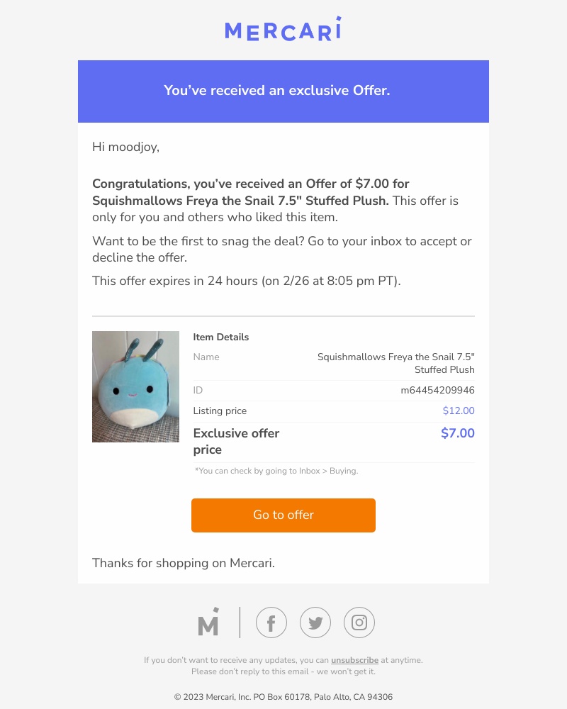 Mercari - Exclusive offer, accept Squishmallows Freya the Snail 7.5" Stuffed Plush for $7.00