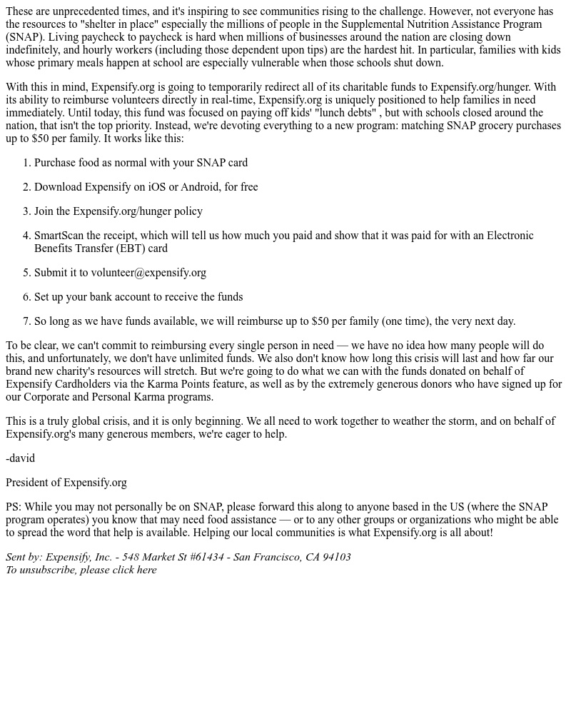 Expensify - Expensify.org/hunger to reimburse families in need during COVID-19 crisis