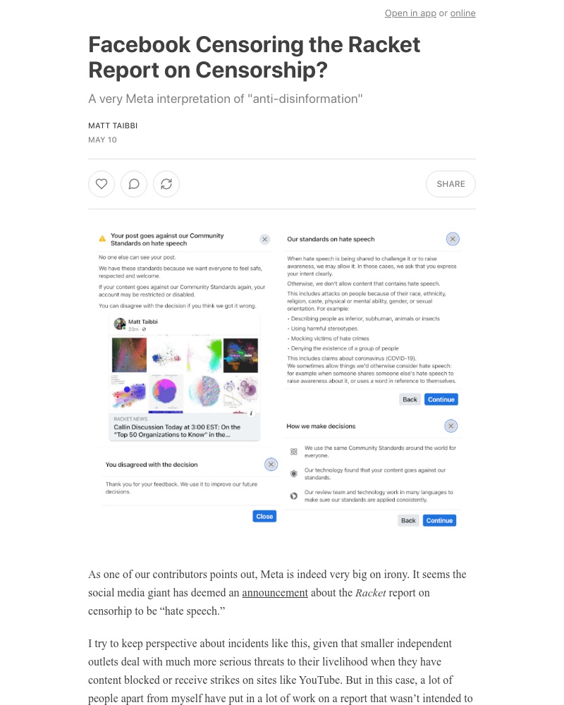 Substack - Facebook Censoring the Racket Report on Censorship?