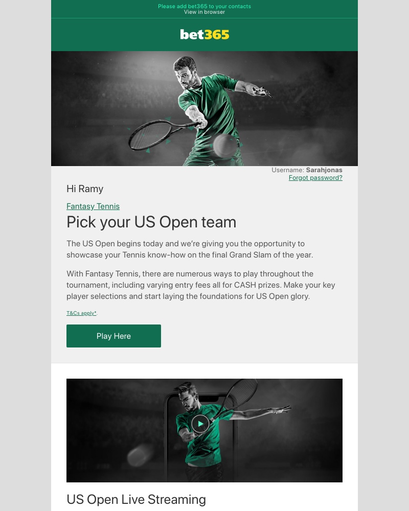 Bet365 - Fantasy Tennis on the US Open…