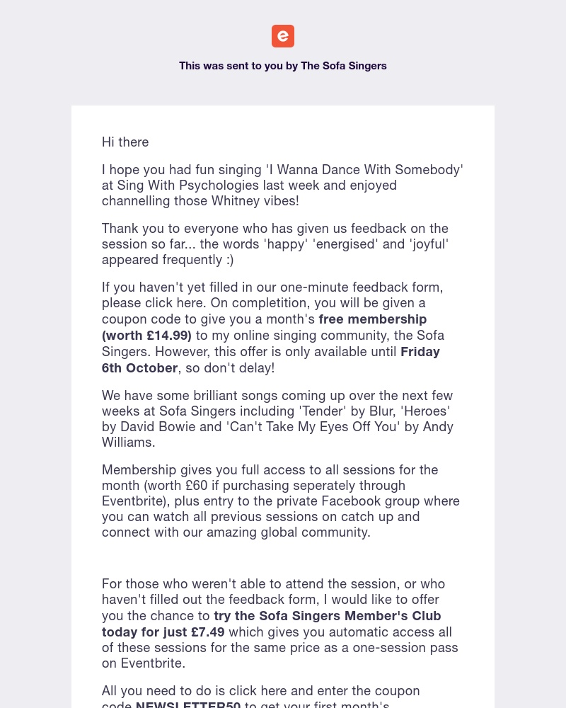 Eventbrite - Feedback from session + special offer for Sofa Singers membership :)