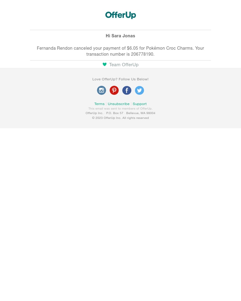OfferUp - Fernanda Rendon canceled your payment for Pokémon Croc Charms