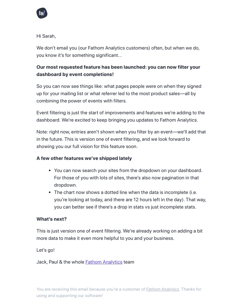 Fathom - Filter your dashboard by event completions