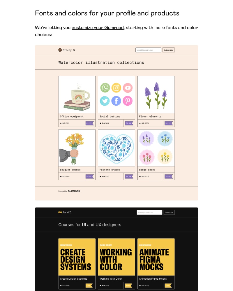 Gumroad - Fonts and colors for your profile and products