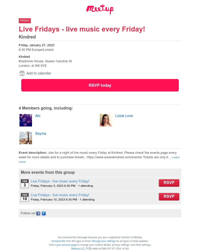 Meetup - π
Friday: Join 4 Members at "Live Fridays - live music every Friday!"