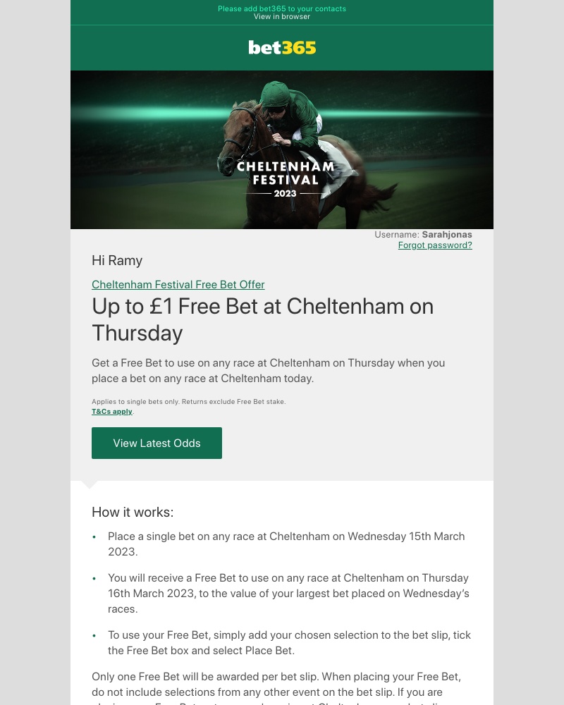 Bet365 - Get a Free Bet to use at Cheltenham on Thursday...