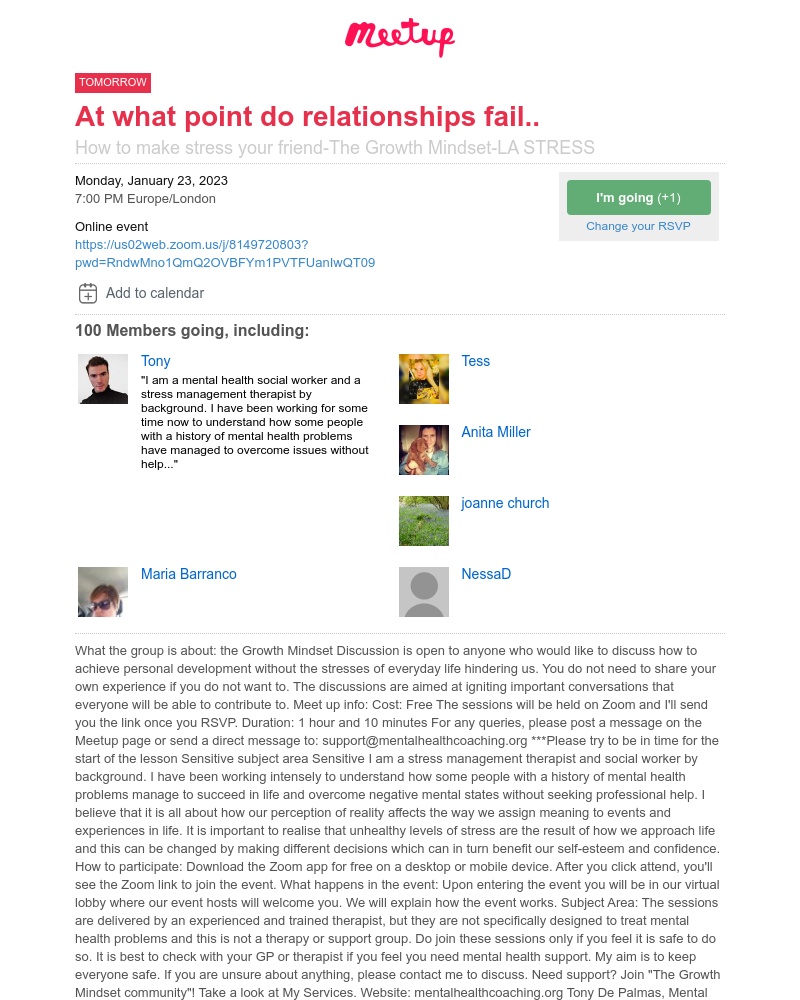 Meetup - ποΈ Get ready: You and 99 other Members are going to "At what point do relationships fail.. tomorrow ""