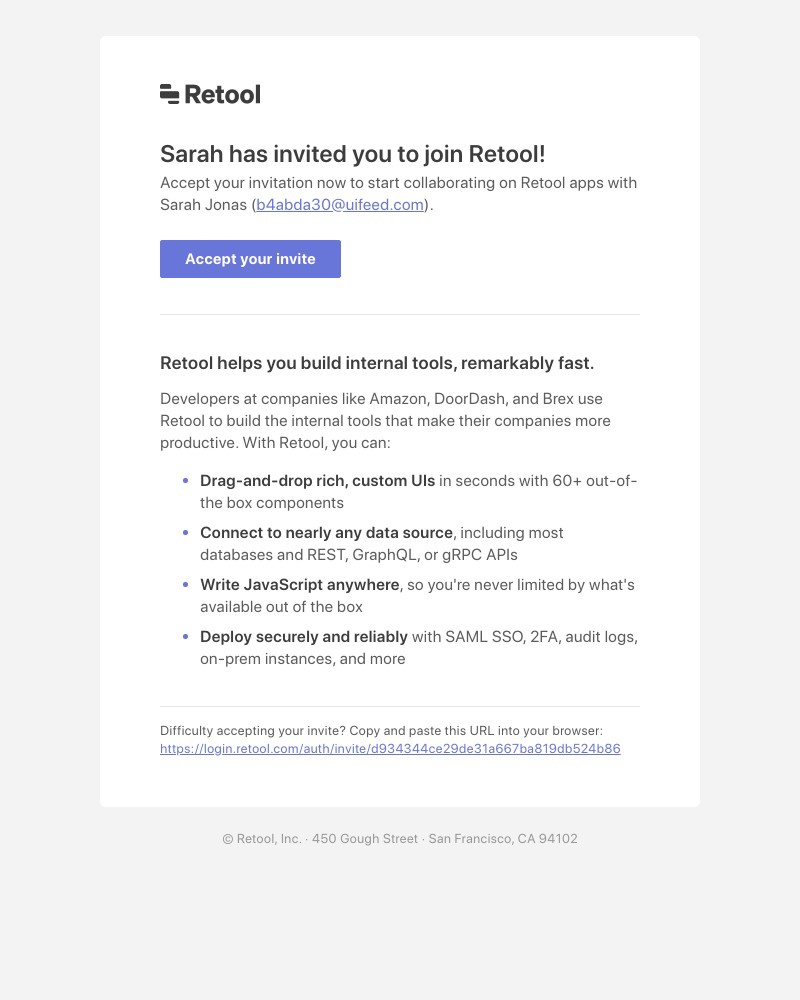 Retool - Good news: Sarah has invited you to Retool!