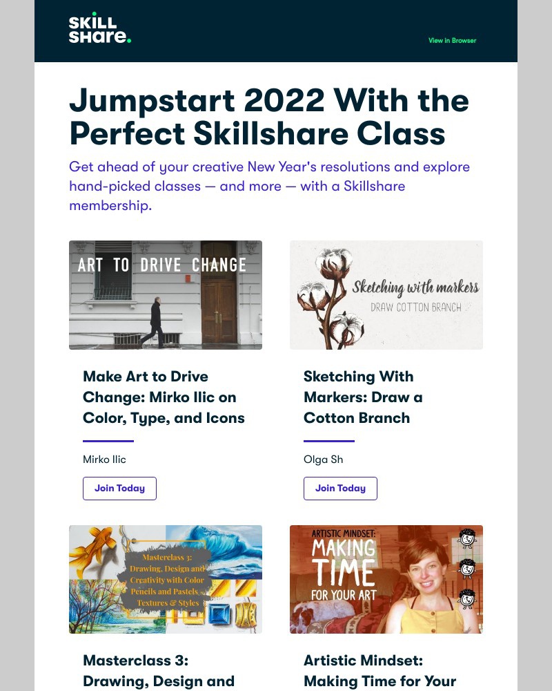Skillshare - Got some downtime this week, Sarah? Check out these personalized class recommendations.