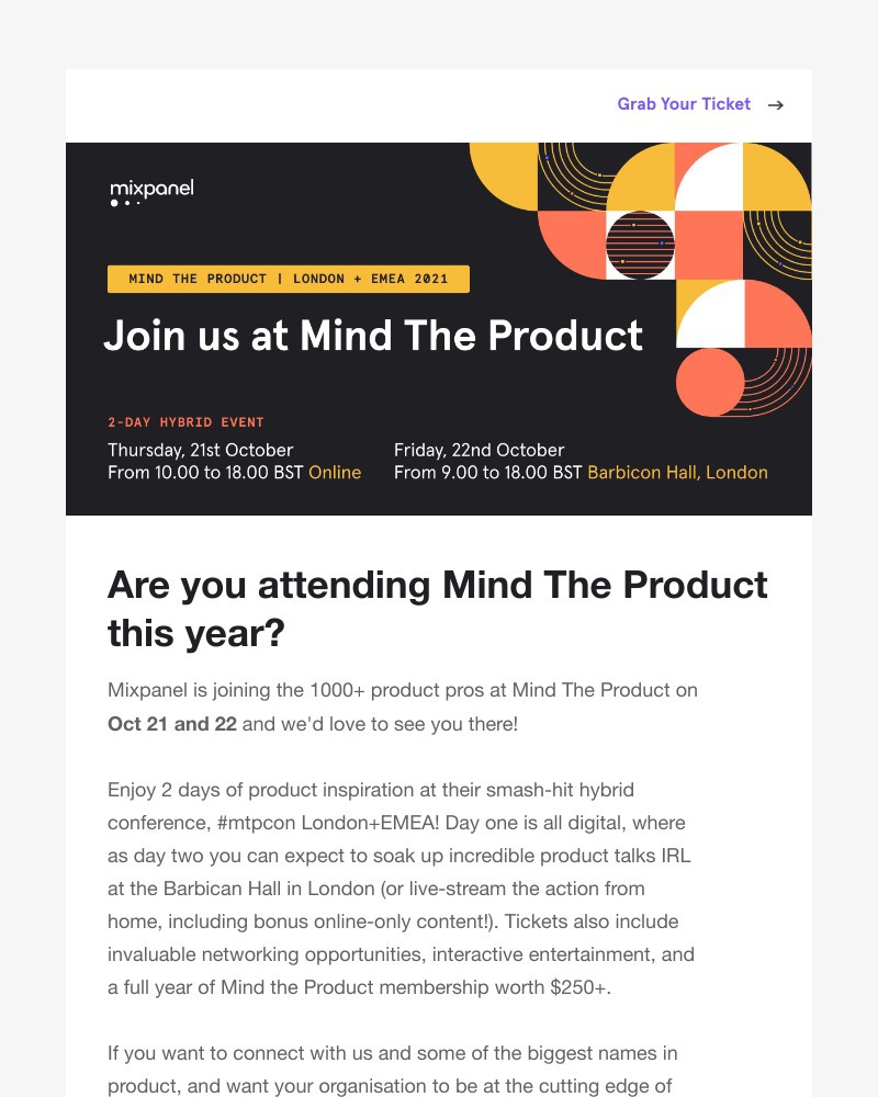 Mixpanel - Grab your ticket now! Mind The Product London 21-22 Oct.