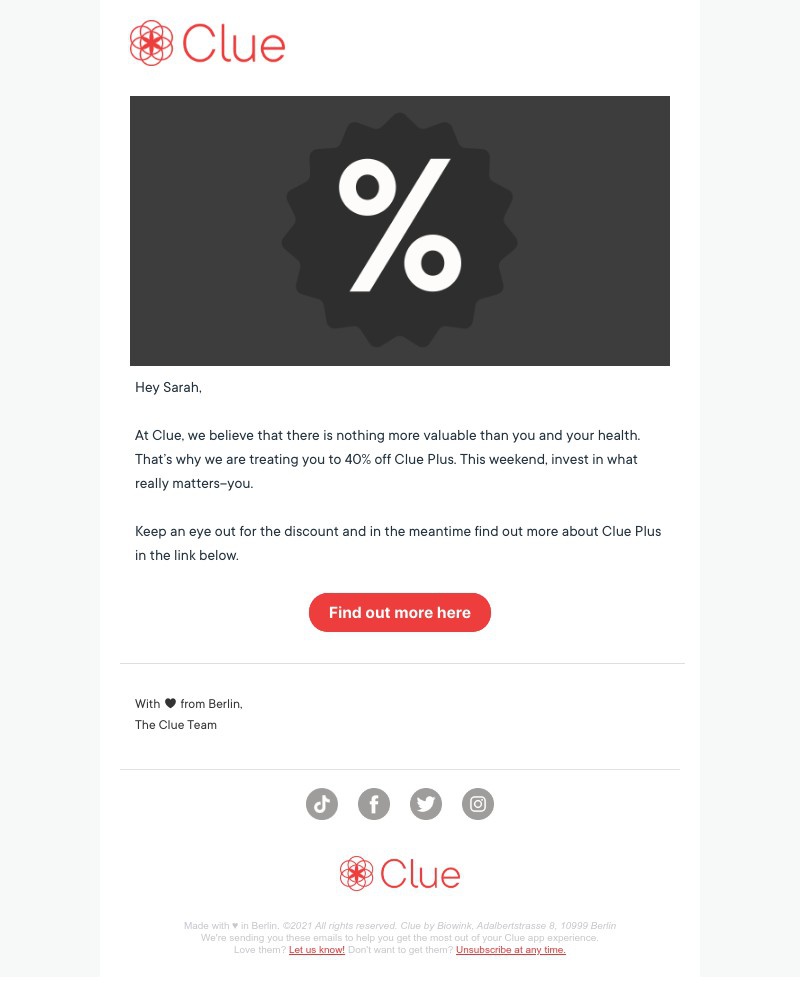 Clue - Heads up! There’s 40% off Clue Plus this weekend