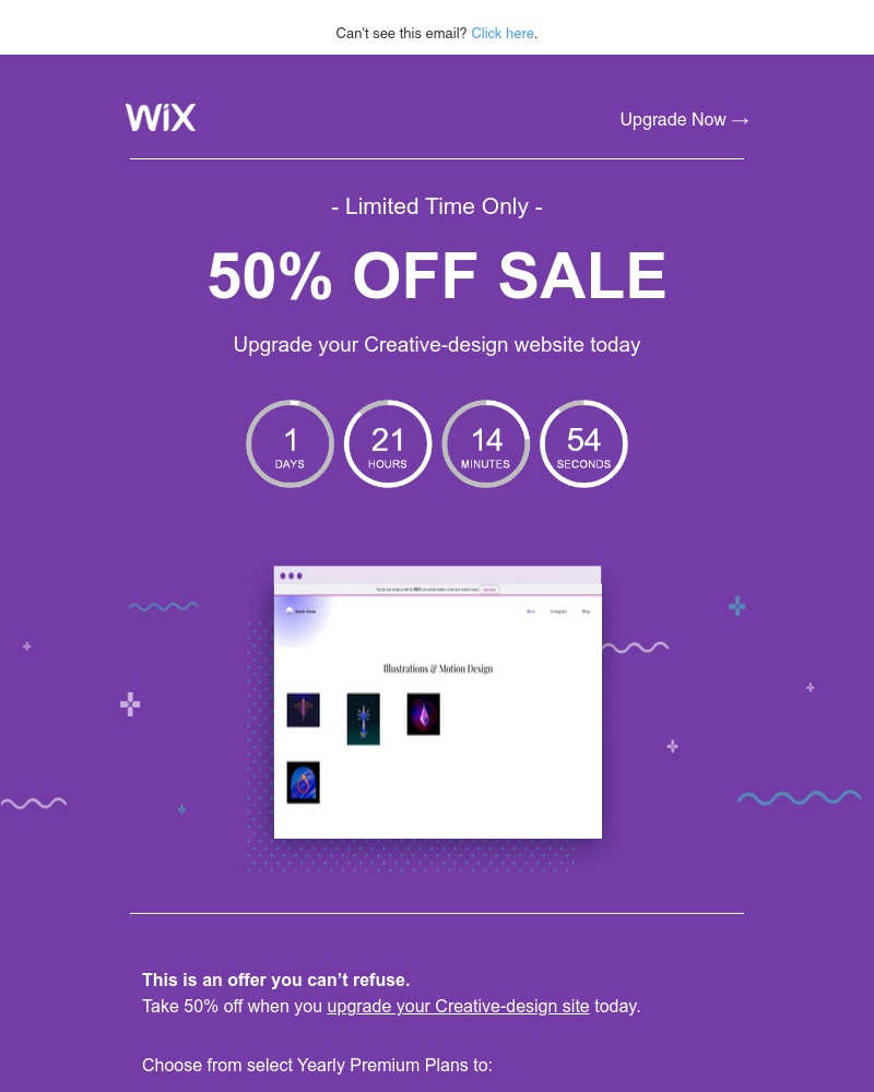 Wix - Hello savings: 50% OFF when you upgrade Creative-design