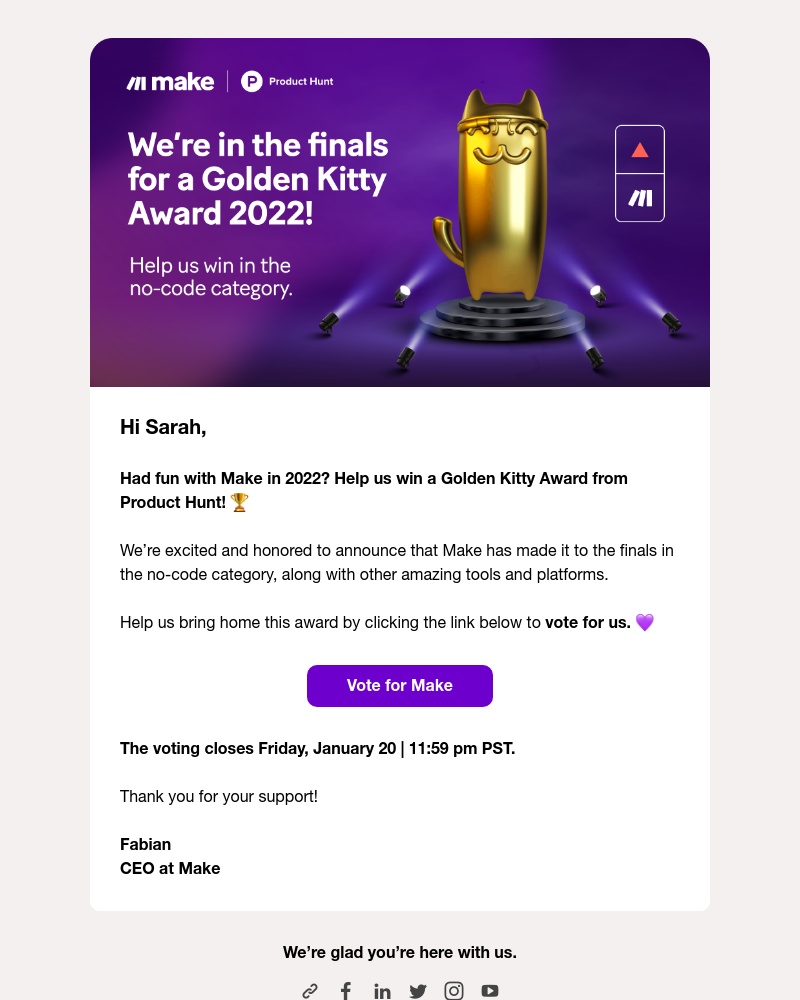 Make.com - Help us win in the no-code category in Product Hunt's Golden Kitty Awards! 😸