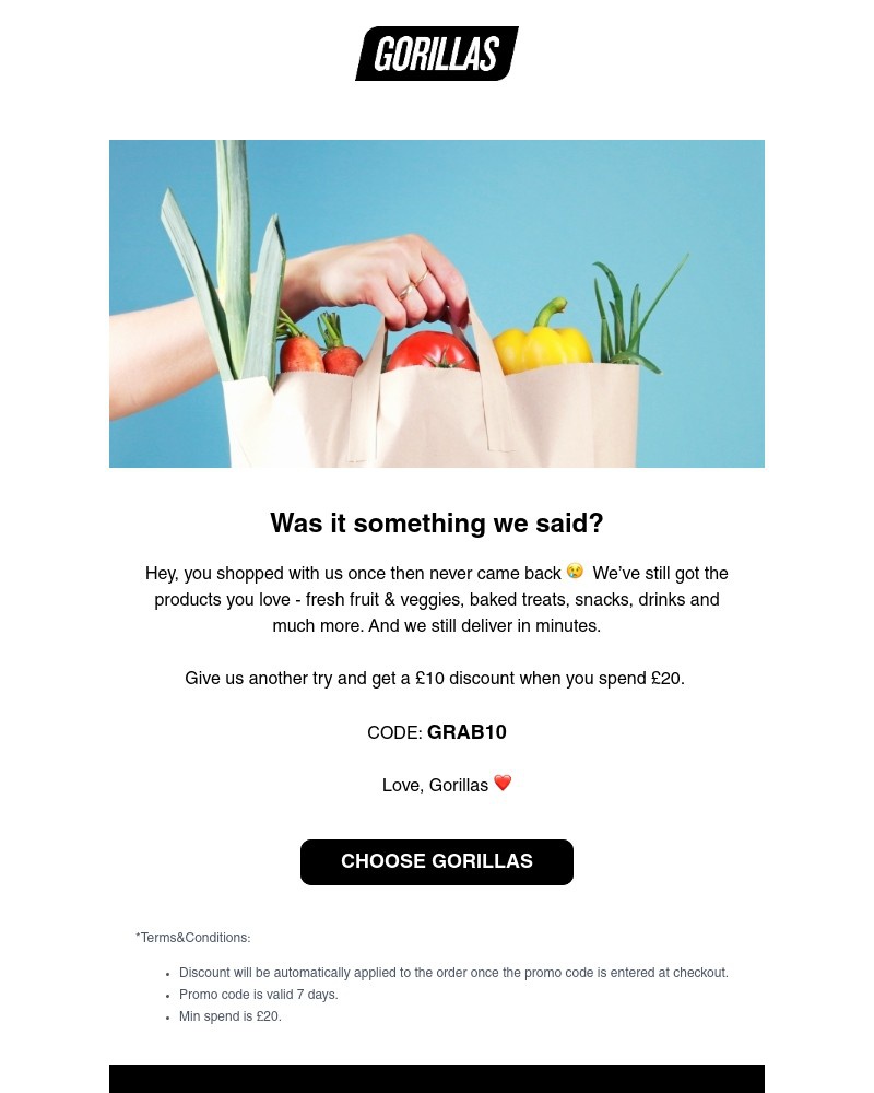 Gorillas - Hey, is £10 enough to get you back?