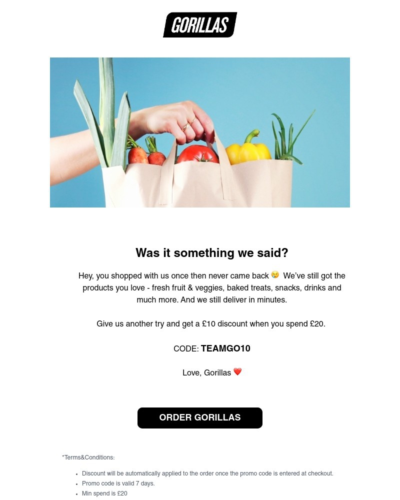 Gorillas - Hey, is £10 enough to get you back?