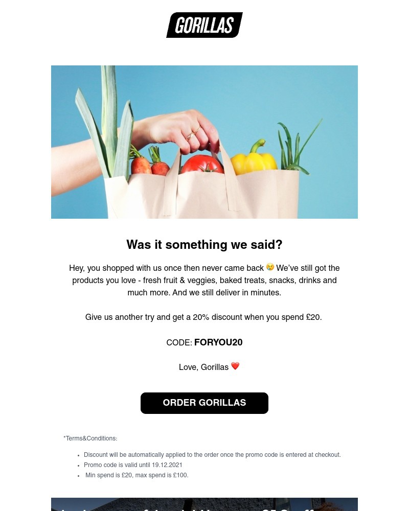 Gorillas - Hey, is £10 enough to get you back?